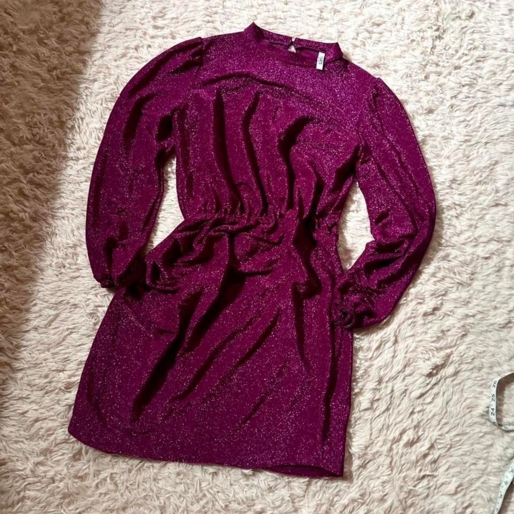 Bold 80s Retro‎ Vibe Glam Disco Sparkle High Neck Balloon Sleeve Dress Womens L